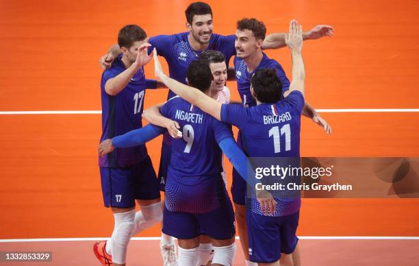 Players of Team France react as they compete against Team ROC during the Men's Gold Medal Match on day fifteen of the Tokyo 2020 Olympic Games at...