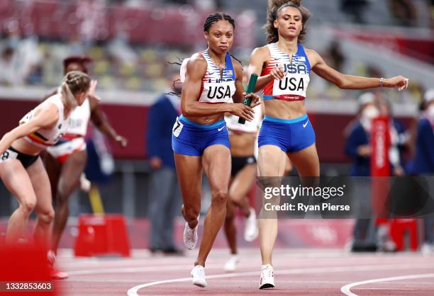 Allyson Felix of Team United States competes in the Women' s 4 x 400m Relay Final on day fifteen of the Tokyo 2020 Olympic Games at Olympic Stadium...