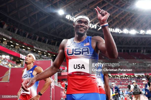 Rai Benjamin of Team United States celebrates winning the gold medal in the Men's 4 x 400m Relay Final on day fifteen of the Tokyo 2020 Olympic Games...