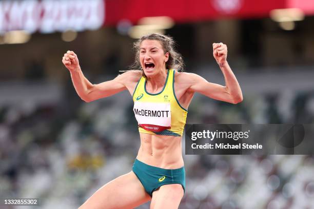 Nicola McDermott of Team Australia celebrates winning the silver medal in the Women's High Jump Final on day fifteen of the Tokyo 2020 Olympic Games...