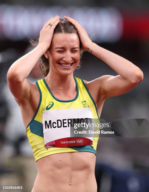 Nicola McDermott of Team Australia celebrates during the Women's High Jump Final on day fifteen of the Tokyo 2020 Olympic Games at Olympic Stadium on...