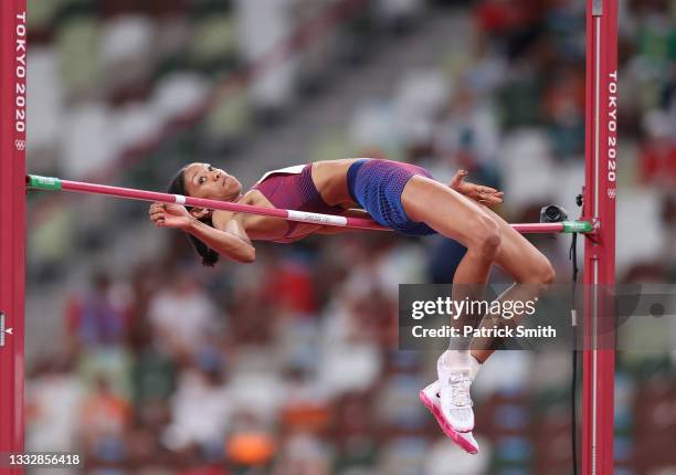 Vashti Cunningham of Team United States competes in the Women's High Jump Final on day fifteen of the Tokyo 2020 Olympic Games at Olympic Stadium on...