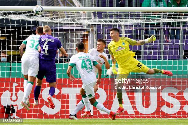 Lukas Gugganig of Osnabrueck misses the firstn goal during the DFB Cup first round match between VfL Osnabrück and Werder Bremen at on August 07,...