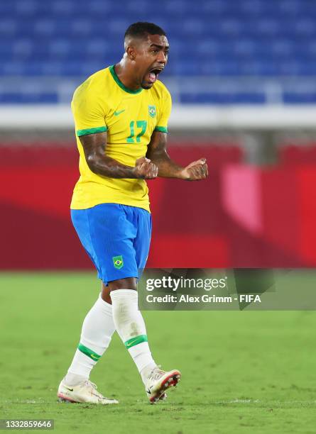 Malcom of Team Brazil celebrates after scoring their side's second goal during the Men's Gold Medal Match between Brazil and Spain on day fifteen of...