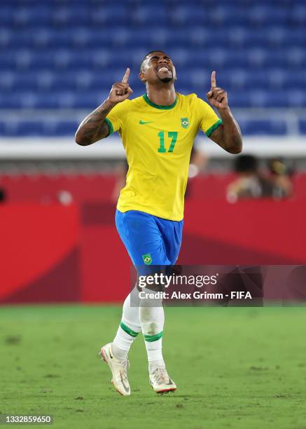 Malcom of Team Brazil celebrates after scoring their side's second goal during the Men's Gold Medal Match between Brazil and Spain on day fifteen of...