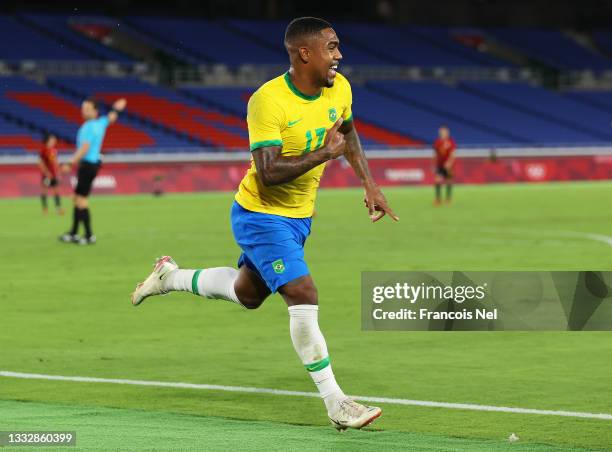 Malcom of Team Brazil celebrates after scoring their side's second goal during the Men's Gold Medal Match between Brazil and Spain on day fifteen of...