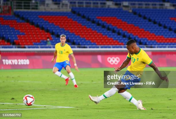Malcom of Team Brazil scores their side's second goal during the Men's Gold Medal Match between Brazil and Spain on day fifteen of the Tokyo 2020...