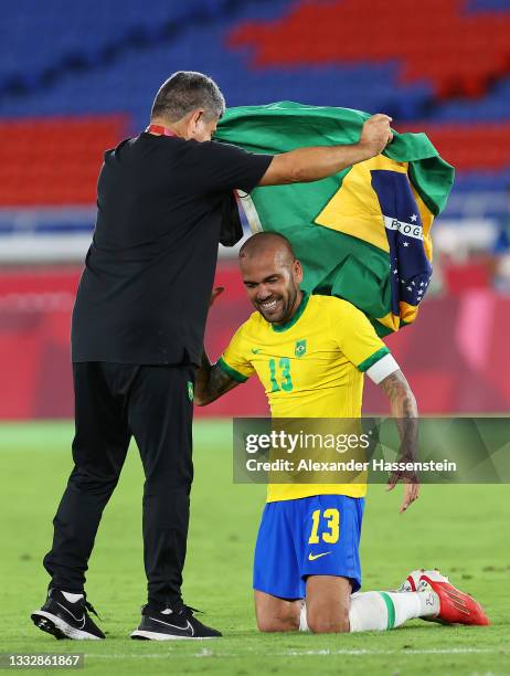 Dani Alves of Team Brazil celebrates their side's victory after the Men's Gold Medal Match between Brazil and Spain on day fifteen of the Tokyo 2020...