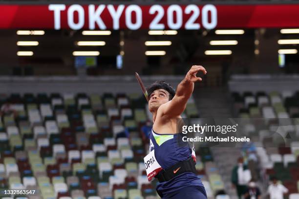 Neeraj Chopra of Team India competes in the Men's Javelin Throw Final on day fifteen of the Tokyo 2020 Olympic Games at Olympic Stadium on August 07,...