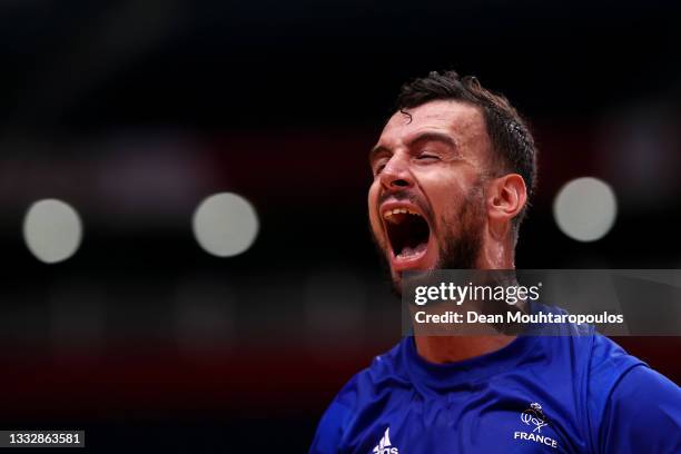 Nedim Remili of Team France celebrates defeating Team Denmark 25-23 to win the gold medal in Men's Handball on day fifteen of the Tokyo 2020 Olympic...