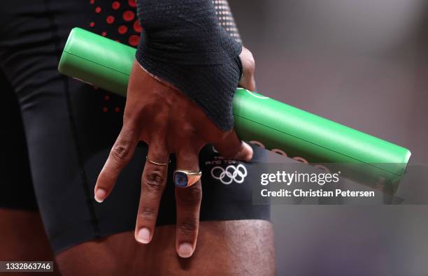 General view of the Baton in the Women's 4x400m Relay Final on day fifteen of the Tokyo 2020 Olympic Games at Olympic Stadium on August 07, 2021 in...