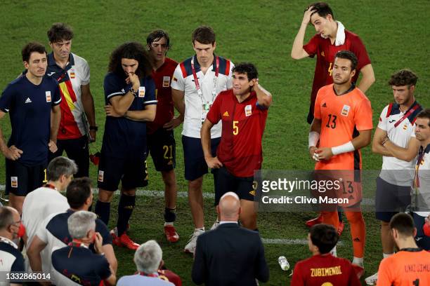 Mikel Oyarzabal, Marc Cucurella, Jesus Vallejo and Alvaro Fernandez of Team Spain look dejected following defeat in the Men's Gold Medal Match...