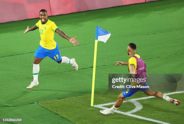 Malcom of Team Brazil celebrates after scoring their side's second goal during the Men's Gold Medal Match between Brazil and Spain on day fifteen of...