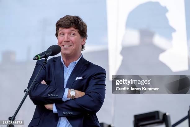 Tucker Carlson speaks during the Mathias Corvinus Collegium Feszt on August 7, 2021 in Esztergom, Hungary. The multiday political event was organized...