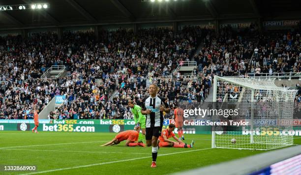 Dwight Gayle of Newcastle United FC scores his second goal past Norwich Goalkeeper Tim Krul during the Pre Season Friendly between Newcastle United...