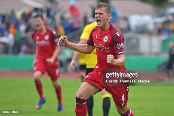 Joakim Nilsson of Bielefeld celebrates scoring his team fourth goal during the DFB Cup first round match between SpVgg Bayreuth and Arminia Bielefeld...