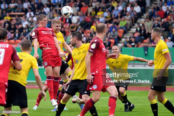 Joakim Nilsson of Bielefeld scores his team fourth goal during the DFB Cup first round match between SpVgg Bayreuth and Arminia Bielefeld at at Hans...