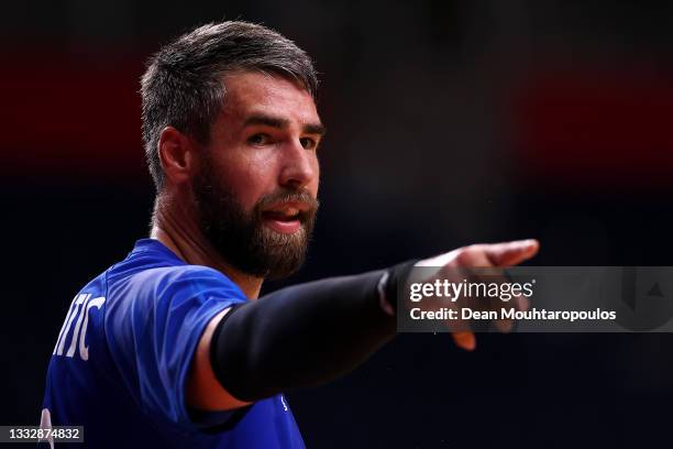 Luka Karabatic of Team France gestures during the Men's Gold Medal handball match between France and Denmark on day fifteen of the Tokyo 2020 Olympic...