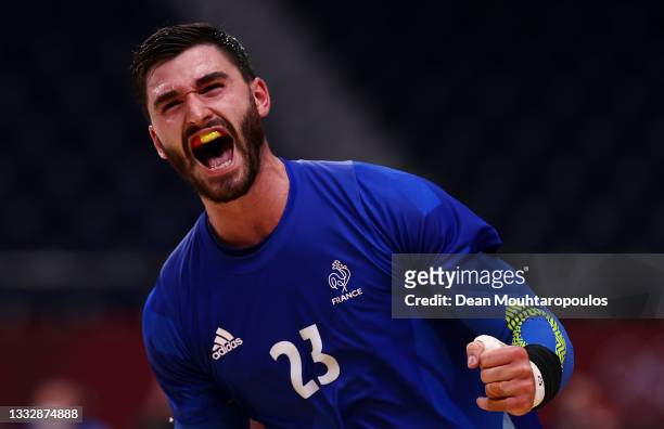 Ludovic Fabregas of Team France celebrates winning after the final whistle of the Men's Gold Medal handball match between France and Denmark on day...