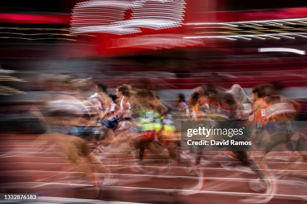 Competitors race in the Women's 10,000m final on day fifteen of the Tokyo 2020 Olympic Games at Olympic Stadium on August 07, 2021 in Tokyo, Japan.