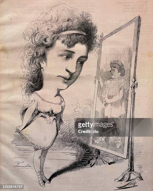 barbara gindele, opera singer, looks into a mirror, getting aware of a man - beautiful mature woman stock illustrations
