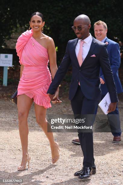 Alesha Dixon seen departing the wedding of Ant McPartlin and Anne-Marie Corbett at St Michael's Church in Heckfield on August 07, 2021 in Hook,...