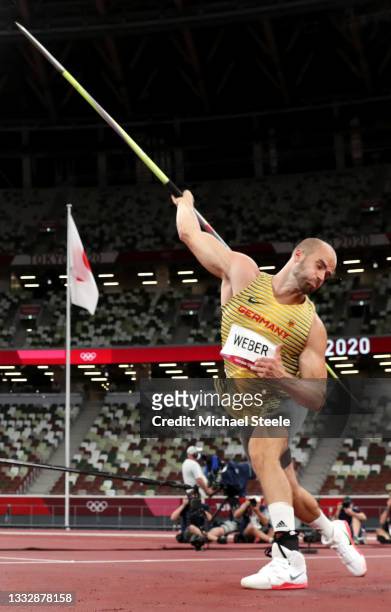 Julian Weber of Team Germany competes in the Men's Javelin Throw final on day fifteen of the Tokyo 2020 Olympic Games at Olympic Stadium on August...