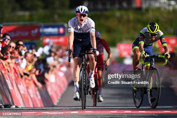 Ben Hermans of Belgium and Team Israel Start-Up Nation celebrates at finish line as stage winner ahead of Christian Eiking Odd of Norway and Team...