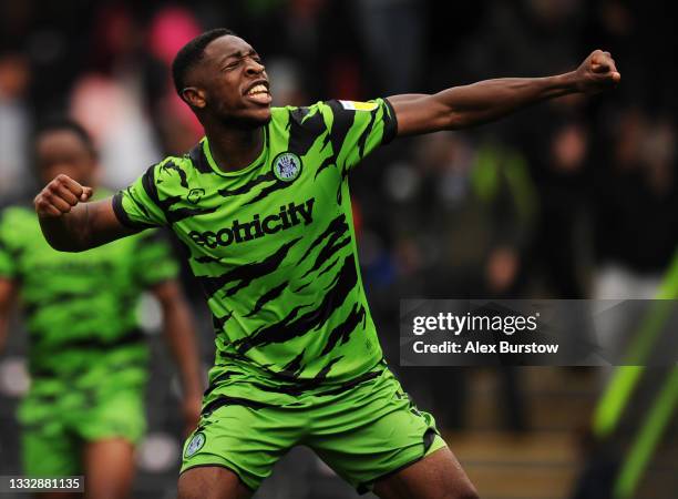 Ebou Adams of Forest Green Rovers celebrates his team's victory at full-time after the Sky Bet League Two match between Forest Green Rovers and...