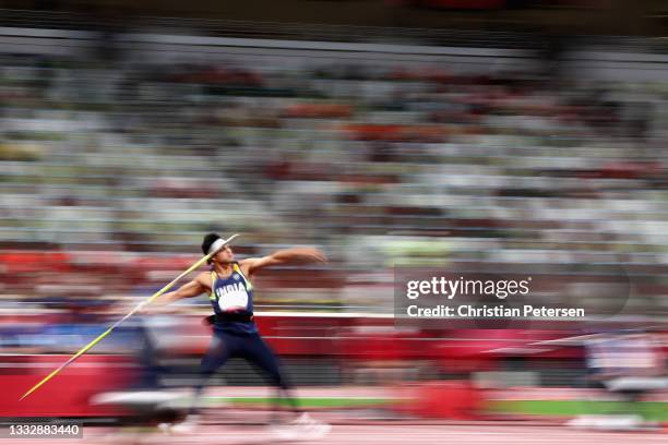 Neeraj Chopra of Team India competes in the Men's Javelin Throw Final on day fifteen of the Tokyo 2020 Olympic Games at Olympic Stadium on August 07,...