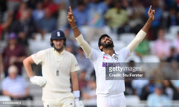 India bowler Jasprit Bumrah celebrates after bowling Stuart Broad for 0 during day four of the First Test Match between England nd India at Trent...