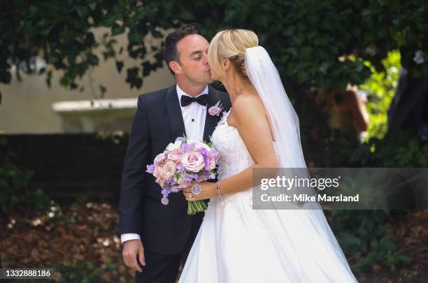 Ant McPartlin and Anne-Marie Corbett depart the wedding of Ant McPartlin and Anne-Marie Corbett at St Michael's Church in Heckfield on August 07,...