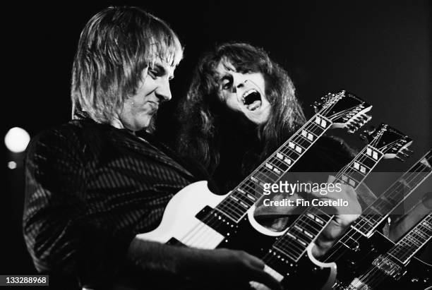 21st SEPTEMBER: Alex Lifeson and Geddy Lee from Canadian rock group Rush perform live on stage at Bingley Hall in Staffordshire, England on 21st...