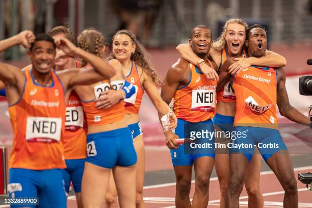 August 7: The 4x 400 relay team form the Netherlands reacts with team mates after winning the silver medal during the Track and Field competition at...