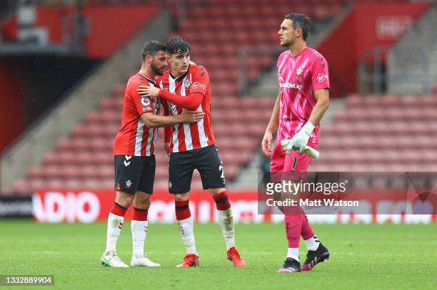 To R Shane Long, Tino Livramento and Alex McCarthy of Southampton during the pre season friendly match between Southampton FC and Athletic Club at St...