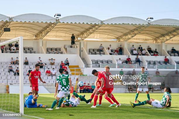 Lucas Verissimo of SL Benfica heads the ball and scores his team first goal during the Liga Portugal Bwin match between Moreirense FC and SL Benfica...