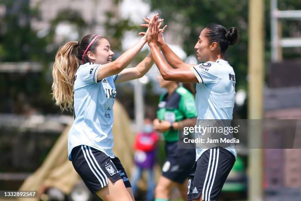 Sandra Mayor of Tigres celebrates with teammate after scoring the first goal of her team during the match between Atlas and Tigres as part of the...