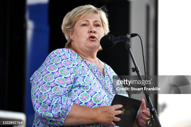 Erna Solberg of Norway Prime Minister of Norway speaks at podium ceremony during the 8th Arctic Race Of Norway 2021, Stage 3 a 184,5km stage from...