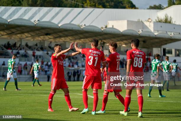 Luca Waldschmidt of SL Benfica celebrates with his team mates after scoring their side's second goal during the Liga Portugal Bwin match between...