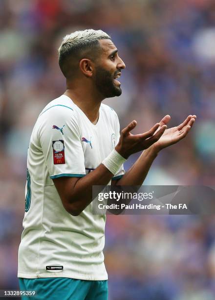 Riyad Mahrez of Manchester City reacts during The FA Community Shield Final between Manchester City and Leicester City at Wembley Stadium on August...