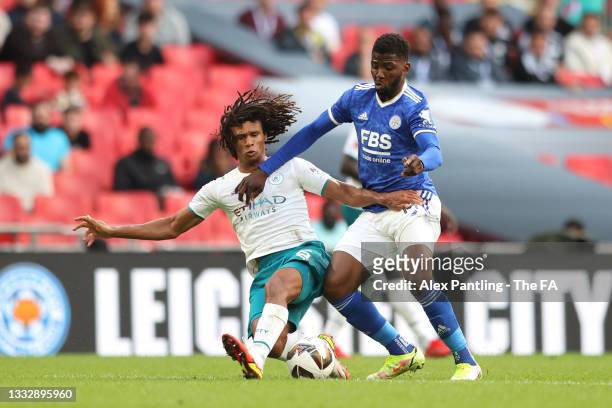 Kelechi Iheanacho of Leicester City is fouled by Nathan Ake of Manchester City leading to a penalty being awarded during The FA Community Shield...