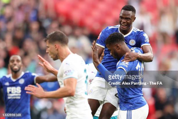 Kelechi Iheanacho of Leicester City celebrates with Patson Daka after scoring their side's first goal during The FA Community Shield Final between...