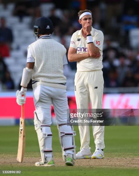 England bowler Stuart Broad reacts during day four of the First Test Match between England nd India at Trent Bridge on August 07, 2021 in Nottingham,...