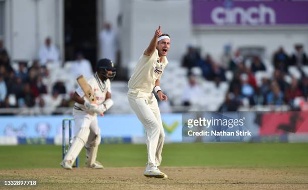 Stuart Broad of England appeals during day four of the First Test Match between England and India at at Trent Bridge on August 07, 2021 in...