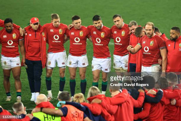 Captain Alun Wyn Jones of British & Irish Lions talks to his team following their defeat in the 3rd Test Match between South Africa and British &...