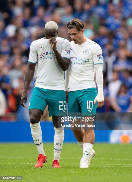 Benjamin Mendy and Jack Grealish of Manchester City react after losing the The FA Community Shield between Manchester City and Leicester City at...