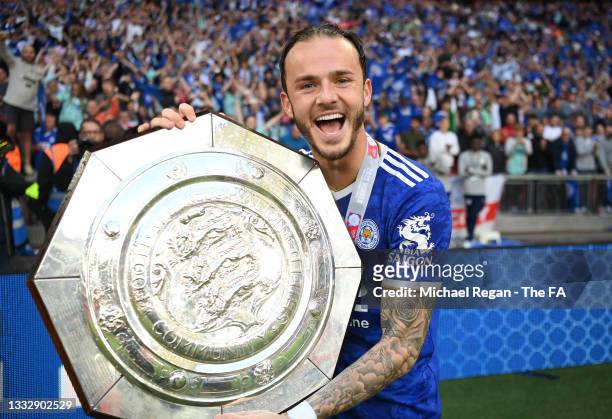 James Maddison of Leicester City celebrates with The FA Community Shield following victory in The FA Community Shield Final between Manchester City...