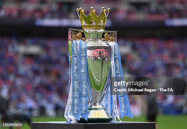 Detailed view of the Premier League trophy is seen prior to The FA Community Shield Final between Manchester City and Leicester City at Wembley...