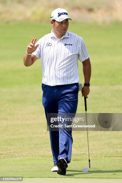 Hideki Matsuyama of Japan reacts after making birdie on the sixth green during the third round of the FexEx St. Jude Invitational at TPC Southwind on...