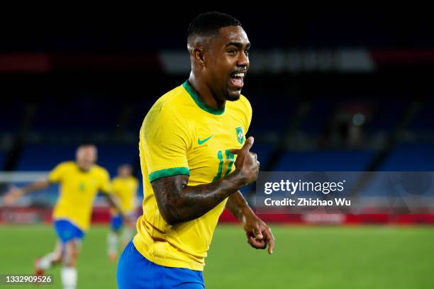 Malcom of Brazil celebrates his goal during the Men's Gold Medal Match between Brazil and Spain on day fifteen of the Tokyo 2020 Olympic Games at...